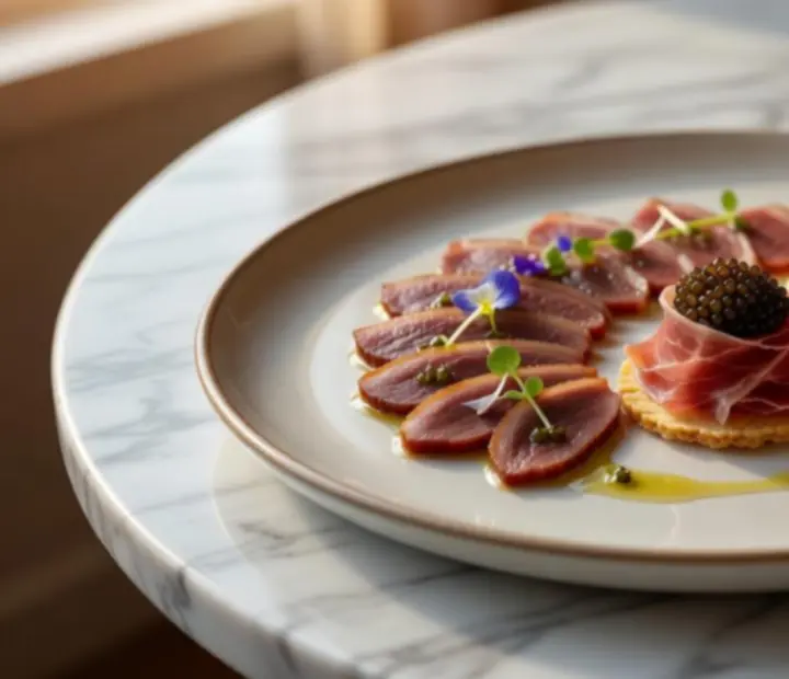 Elegáns előételválogatás, kacsamell carpaccio, sonka és sajtok modern tálalásban
