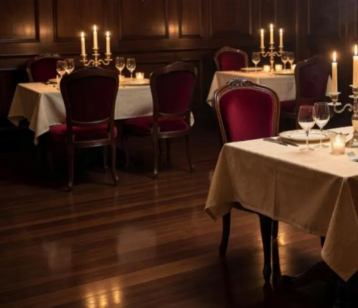 Gyertyafényes fine dining étterem elegáns terítéssel és hangulatos világítással