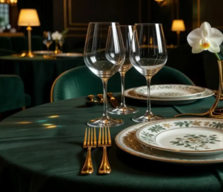 Designer asztalterítés márvány asztallal, elegáns székekkel, arany részletekkel és kifinomult dekorációval