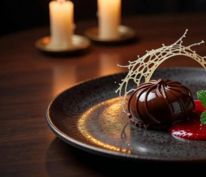Gourmet desszert csokoládéval és gyümölcsökkel művészi tálalásban