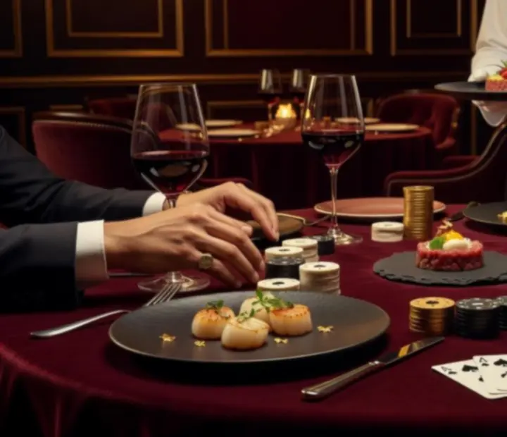 Gourmet vacsora elegáns pókerasztal mellett, borospoharakkal és gyertyafénnyel