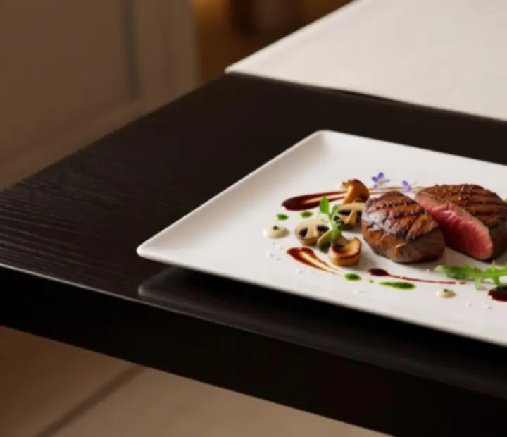 Gourmet főétel, szarvasgerinc és elegáns köret modern, fine dining tálalásban