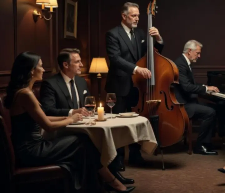 Élő jazz zenekar játszik egy elegáns privát vacsorán gyertyafényes környezetben