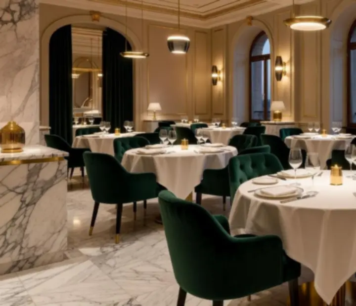 Elegáns, gyertyafényes luxus étterem enteriőr, prémium terítéssel és kényelmes design székekkel