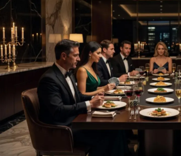 Elegáns offline pókerest gyertyafényes asztalokkal és fine dining hangulattal