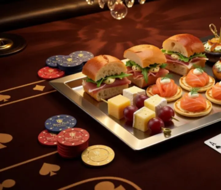 Poker asztal melletti elegáns tapasok és falatok